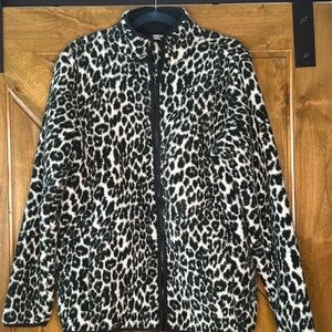 Lands' End Black and White Teddy Jacket Leopard Print Womens Size Large